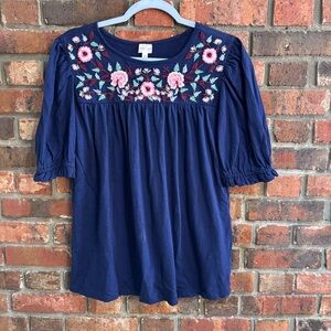 Keep in touch womens floral embroidered puff sleeve peasant top blue M